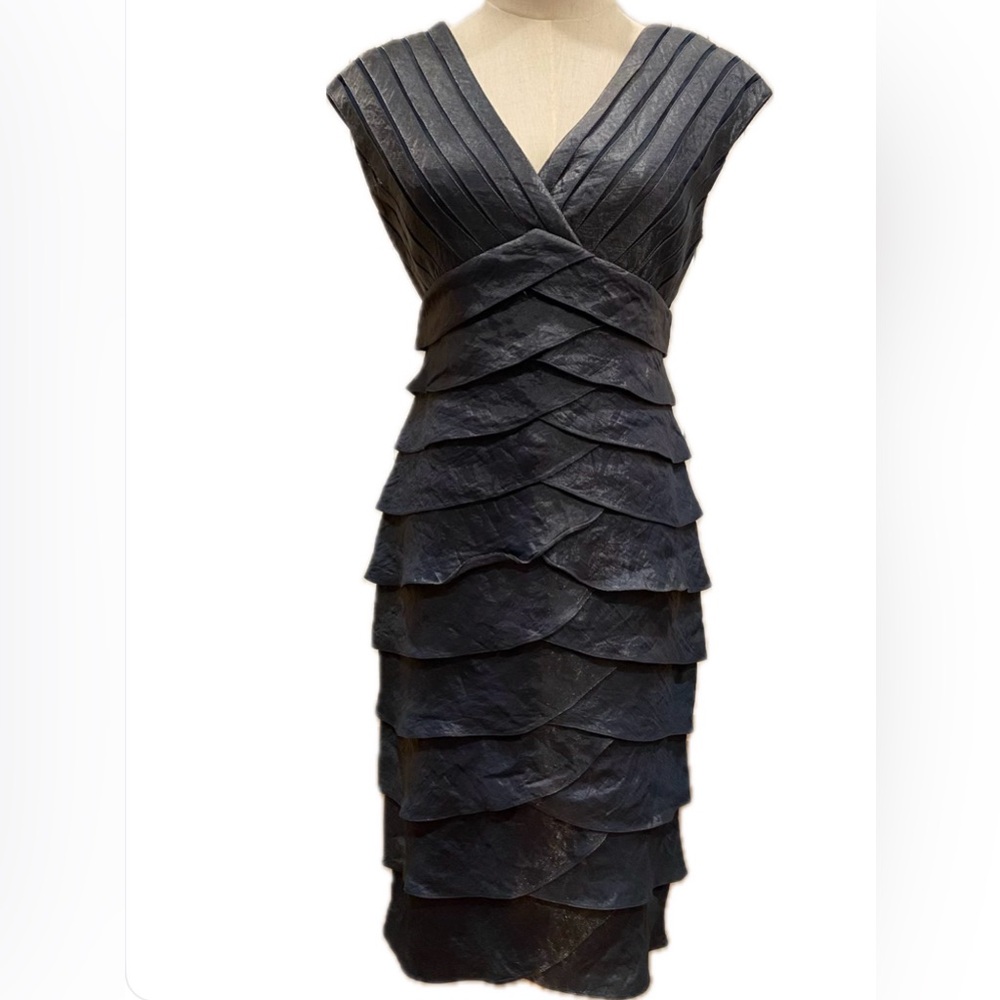 Adrianna Papell Black Layered Formal Shimmery Charcoal V Neck Dress 4